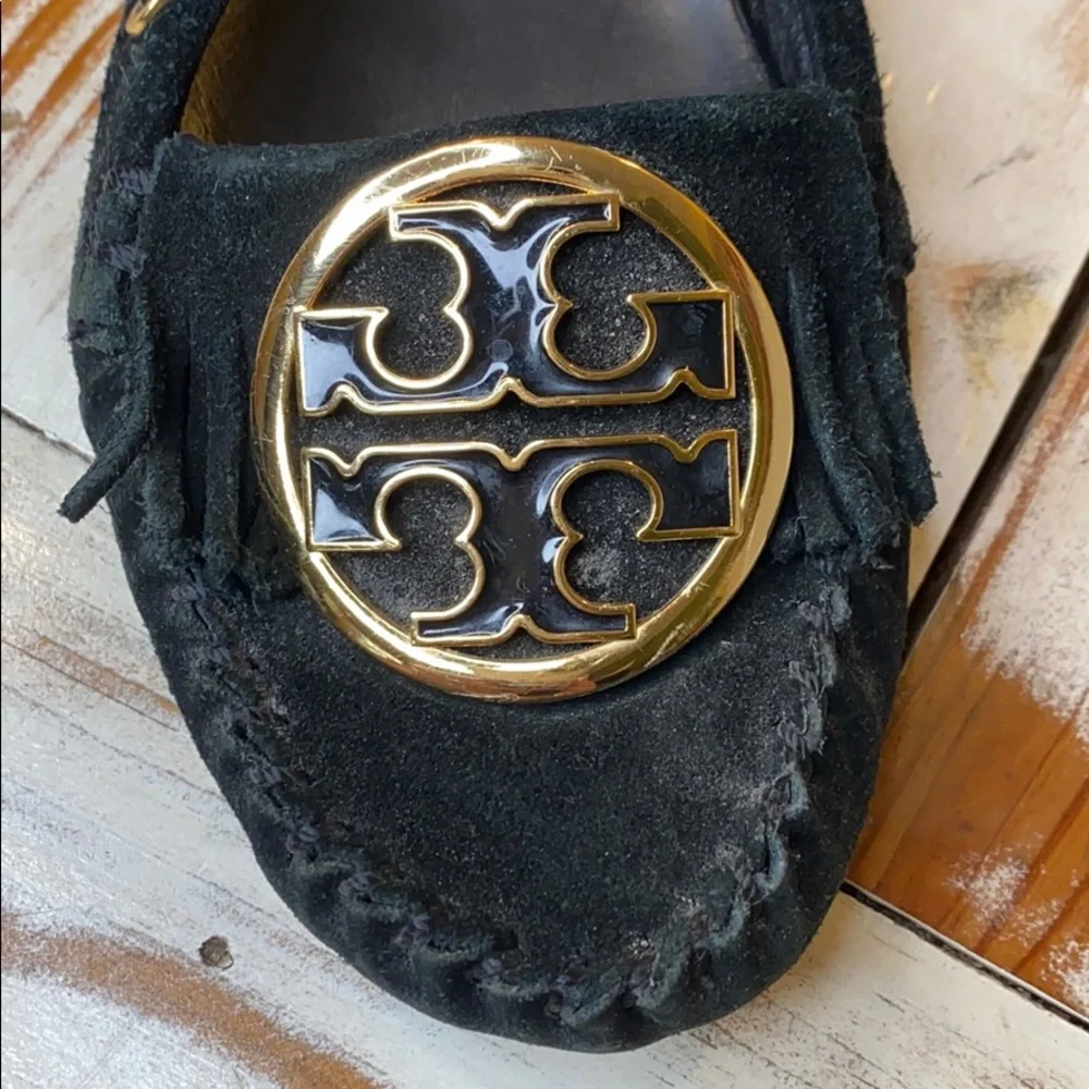 Tory Burch Black Gold Logo Suede Leather Loafer Shoes Size 6.5